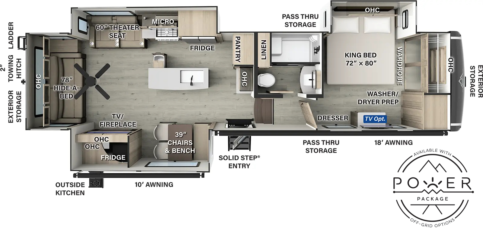 The Flagstaff Classic Fifth Wheels F372RL has one entry and three slide outs. Exterior features include: fiberglass exterior, 10' & 18' awning and outside kitchen. Interiors features include: kitchen island, front bedroom and rear living.